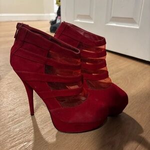 BAMBOO Red Strappy Platform Heel Booties